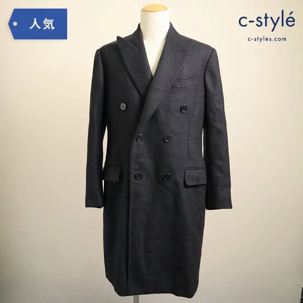 Luca Grasia ルカグラシア ダブル チェスター コート 46 NAVY ウール 千鳥 バックベルト付き