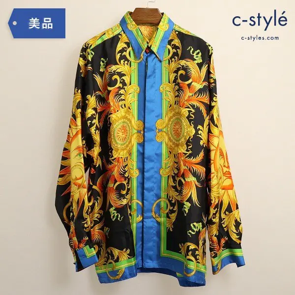 GIANNI VERSACE ジャンニヴェルサーチ SILK SHIRT シルク 総柄 シャツ size46 バロック 比翼 イタリア製