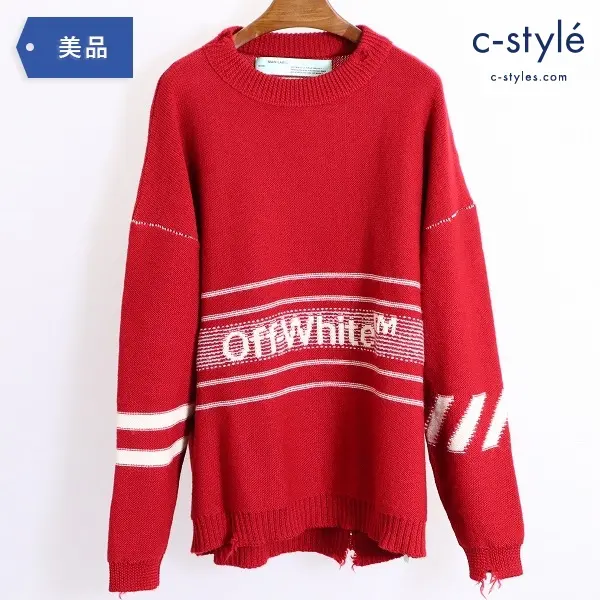 OFF-WHITE オフホワイト 18AW OW SWEATER RED ダメージ ニット イタリア製 S