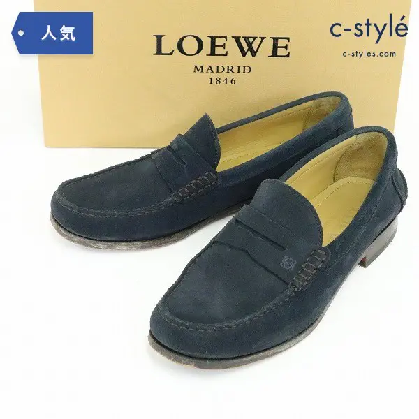 LOEWE ロエベ スウェード レザー ローファー size8 ダークネイビー スリッポン 型押し