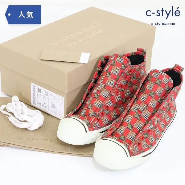 BURBERRY London バーバリー スニーカー 26.5cm ハイカット ノバチェック 騎士 レッド