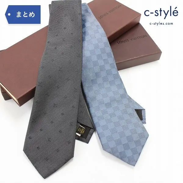 LOUIS VUITTON ルイヴィトン ネクタイ 2点 ダミエ ロゴ シルク ブルー グレー イタリア製