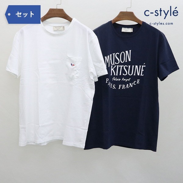 Maison Kitsune メゾンキツネ Tシャツ M 半袖 キツネ 刺繍 ホワイト ネイビー