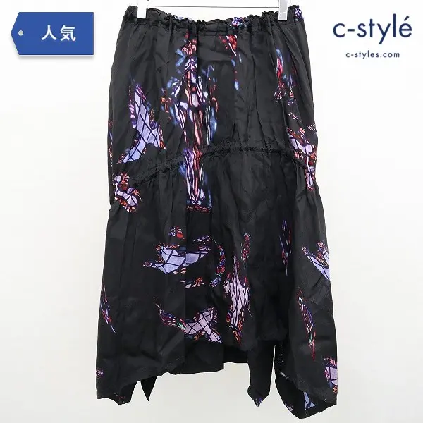 Y’s ワイズ HABUTAI STAINED GLASS SHIRRING SKIRT スカート ブラック 日本製