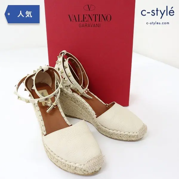 VALENTINO ロックスタッズ ウェッジソールサンダル 37 アイボリー レディース