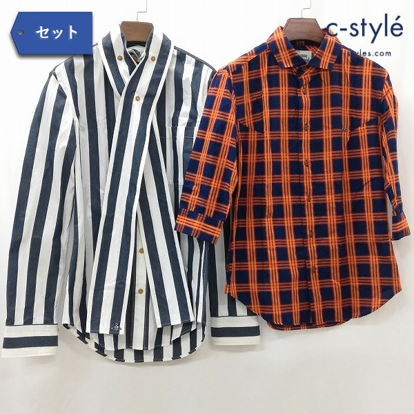 Vivienne Westwood man 変形ストライプシャツ 白×紺 チェック柄シャツ オレンジ×紺 44 長袖
