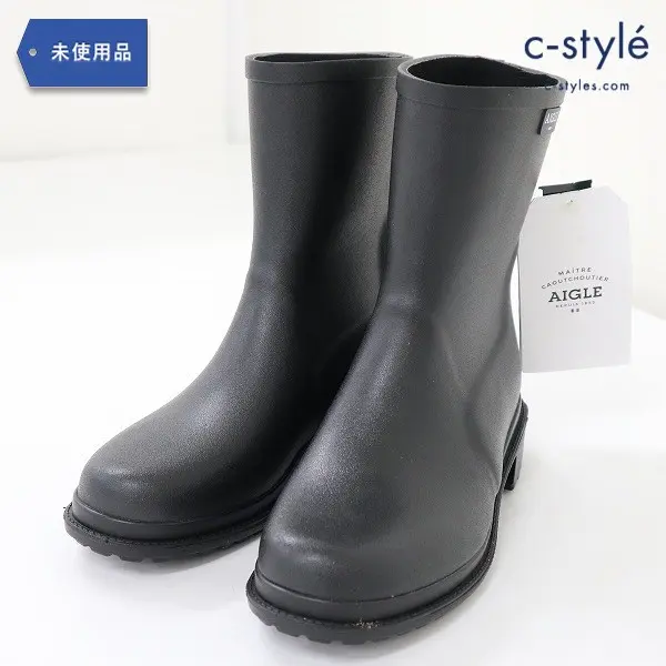 AIGLE エーグル 1133 FULFEEL MID ミディアムラバーブーツ 39 ブラック レインブーツ レディース