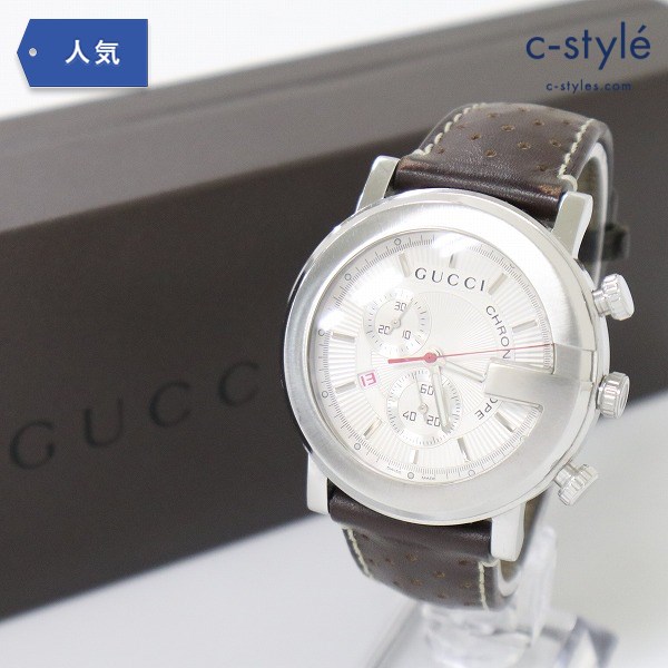GUCCI グッチ 101M クロノグラフ 腕時計 レザーベルト シルバー×ブラウン クォーツ スイス製 茶系