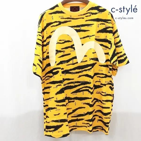 EVISU エヴィス 虎柄Tシャツ 総柄 カモメ 虎耳 トラ柄 44 イエロー 半袖