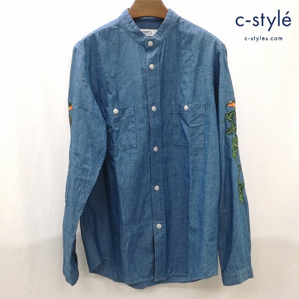 FDMTL ファンダメンタル ハミングバードシャツ ノーカラーシャツ size3 ブルー ハチドリ刺繍 日本製 綿100