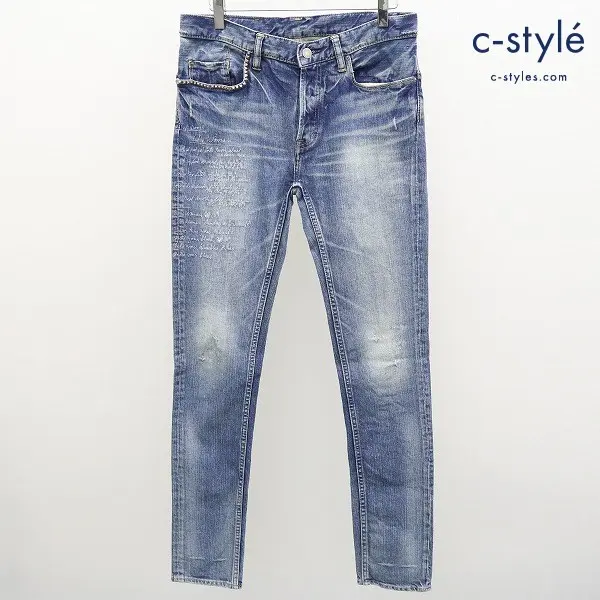 HYSTERIC GLAMOUR 詩刺繍デニムパンツ 30 インディゴ 4AP-2962 スタッズ 牛革パッチ 日本製 ボタンフライ