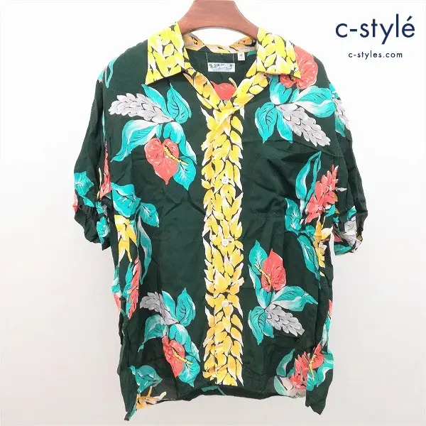 SUN SURF サンサーフ 半袖 アロハシャツ M 総柄 ハイビスカス グリーン系 SS33312