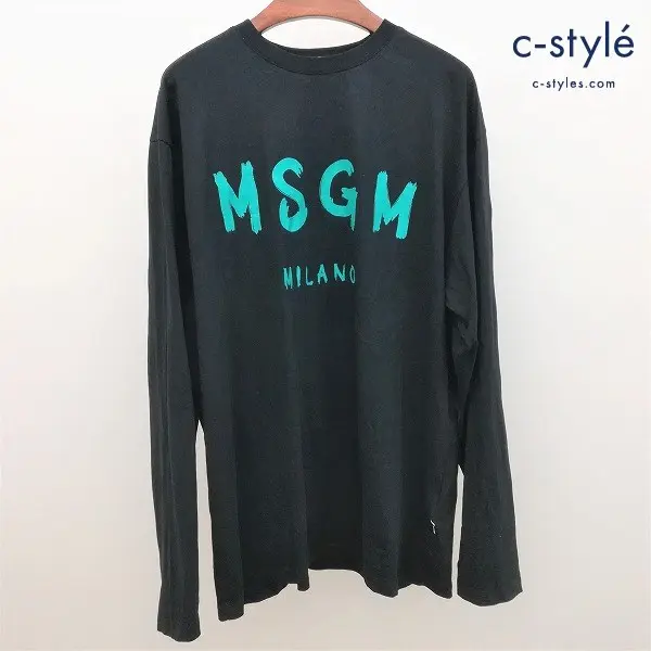 MSGM エムエスジーエム 21SS ブラッシュロゴ 長袖 Tシャツ M ブラック×グリーン イタリア製 綿100