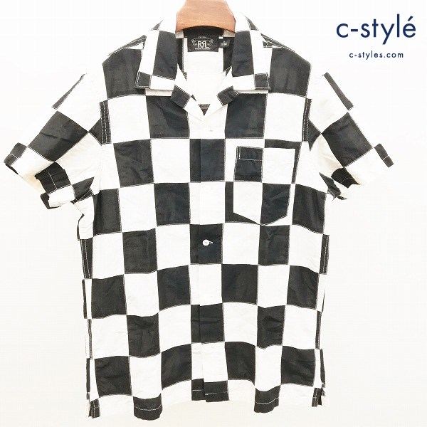 RRL チェッカーフラッグパッチワークシャツ M ブラック×アイボリー オープンカラーシャツ 半袖 綿100