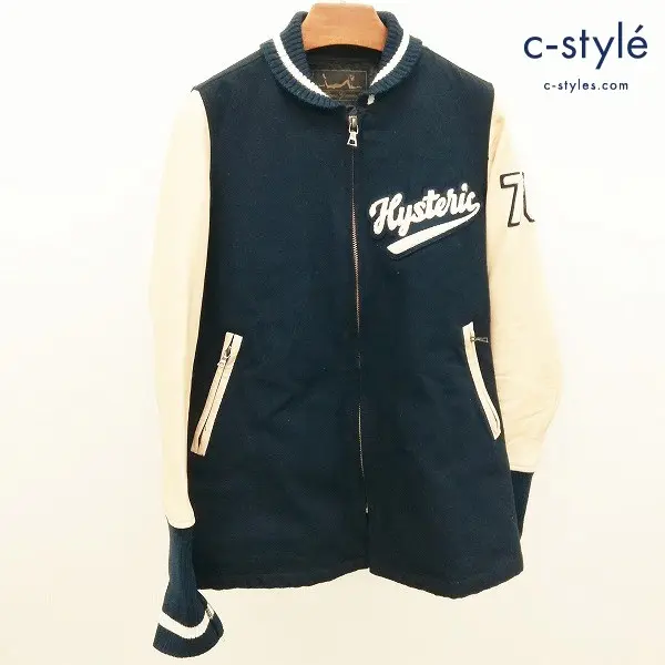 HYSTERIC GLAMOUR 袖レザー スタジャン FREE ネイビー×ベージュ 0124AB04 日本製 レディース