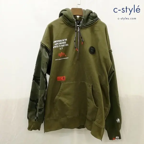 AAPE BY A BATHING APE × ALPHA INDUSTRIES FRENCH FLEECE HALF ZIP HOODIE パーカー L カーキ 綿