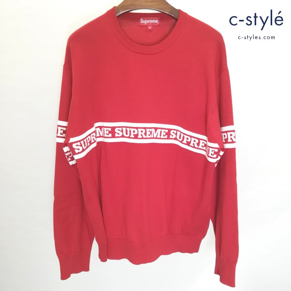Supreme シュプリーム Logo stripe knit Top M レッド×ホワイト ニット セーター 綿100