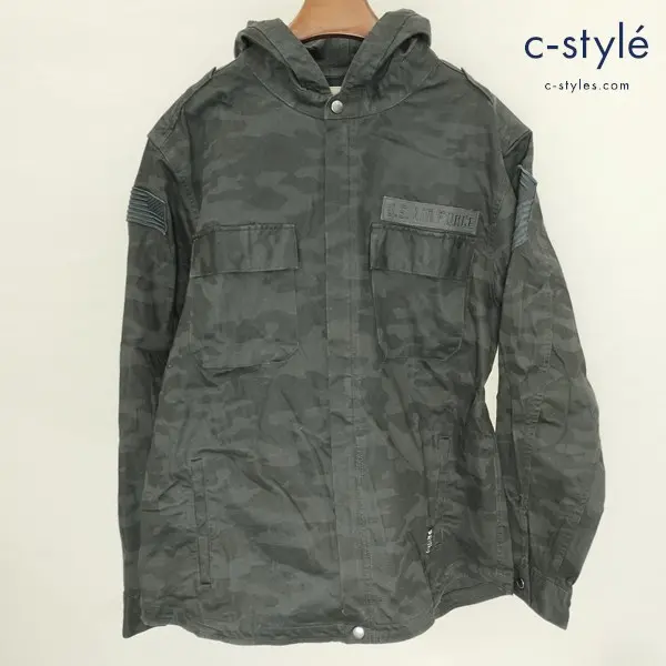 AVIREX アヴィレックス USAF PATCHED HOODED SHIRT 2XL ブラック 6155159 フードシャツ カモ柄