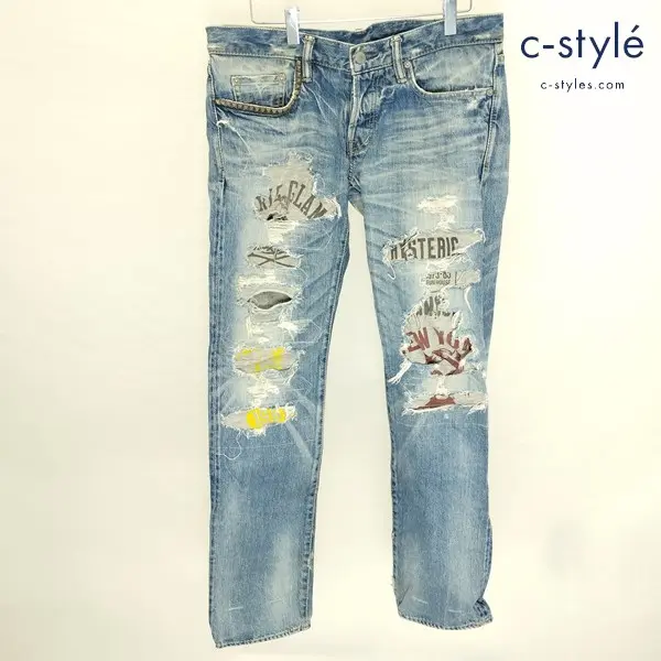 HYSTERIC GLAMOUR CPR加工 スタッズ付きデニムパンツ 32 インディゴ 0204AP06 綿100 セルビッチ