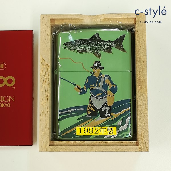 ZIPPO ジッポー 1992年製 B＆S DESIGN 漆塗り 釣り人 オイルライター グリーン系 喫煙具