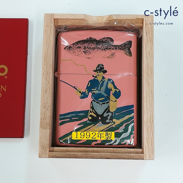 ZIPPO ジッポー 1992年製 B＆S DESIGN 漆塗り 釣り人 オイルライター ピンク 喫煙具