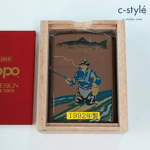 ZIPPO ジッポー 1992年製 B＆S DESIGN 漆塗り 釣り人 オイルライター ブラウン 喫煙具