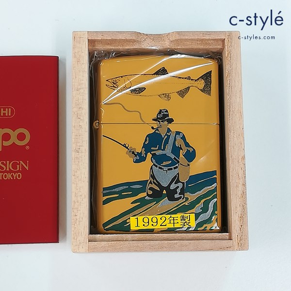 ZIPPO ジッポー 1992年製 B＆S DESIGN 漆塗り 釣り人 オイルライター イエロー 喫煙具