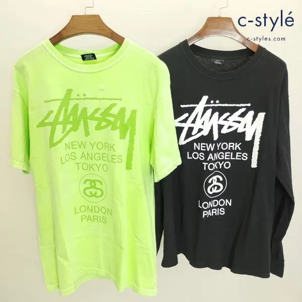 STUSSY ステューシー ワールドツアープリントTシャツ M ブラック グリーン 計2点 半袖 長袖 綿100