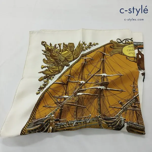 HERMES エルメス カレ90 MARINE ET CAVALERIE スカーフ ホワイト系 シルク100 フランス製 レディース
