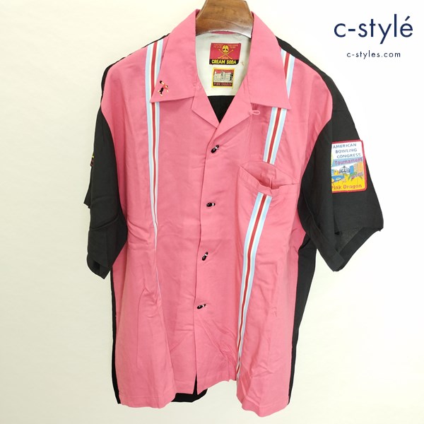 CREAM SODA クリームソーダ ボウリングシャツ ピンク×ブラック 金タグ ロカビリー パッチワーク 刺繍