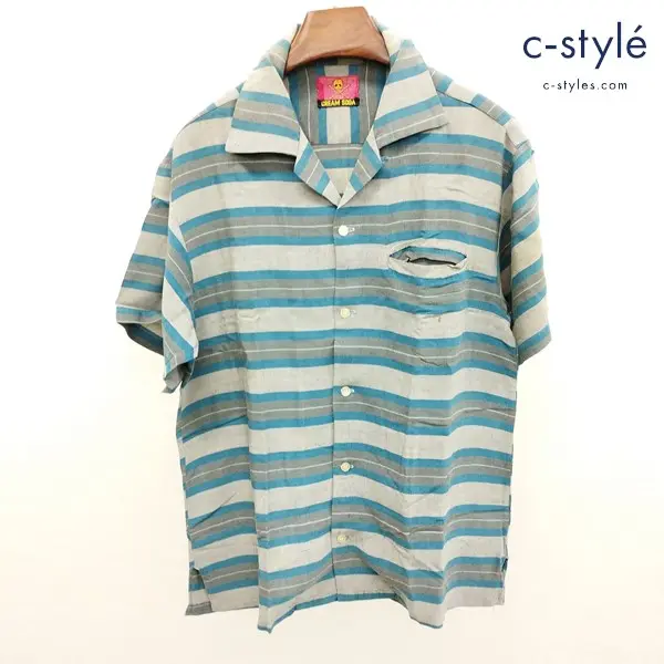CREAM SODA 半袖 オープンカラーシャツ グレー×ブルー系 ボーダー レーヨン100 ロカビリー 金タグ ロック