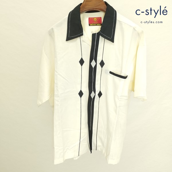 CREAM SODA オープンカラーシャツ 白×黒 ボウリングシャツ ロカビリー 刺繍 金タグ レーヨン100 ダイヤ