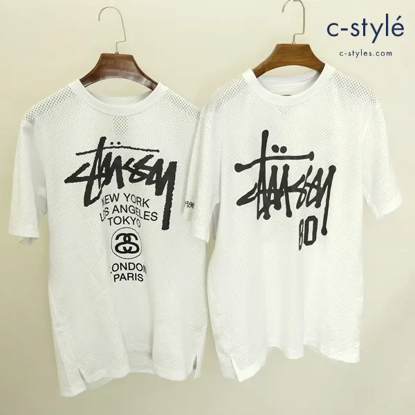 STUSSY ステューシー メッシュTシャツ L ホワイト 半袖 ロゴプリント クルーネック