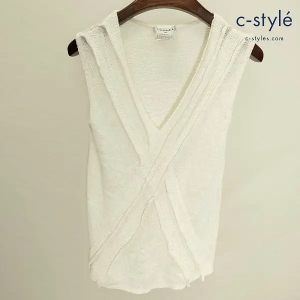 CHANEL シャネル ノースリーブ 40 白 Vネックニット