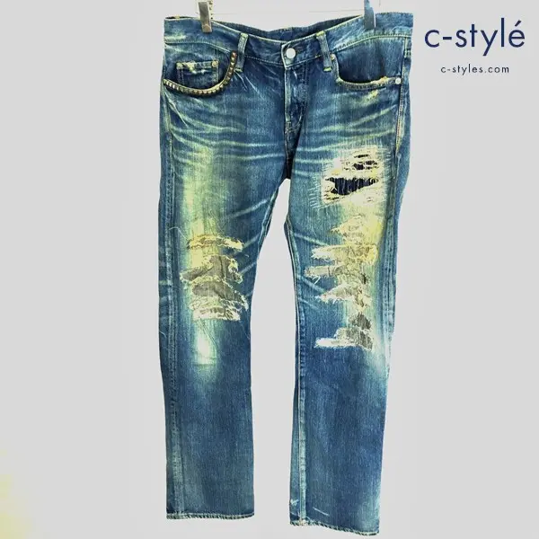 HYSTERIC GLAMOUR RS加工デニムパンツ 32 インディゴ 0211AP08 ダメージ スタッズ 綿100 日本製