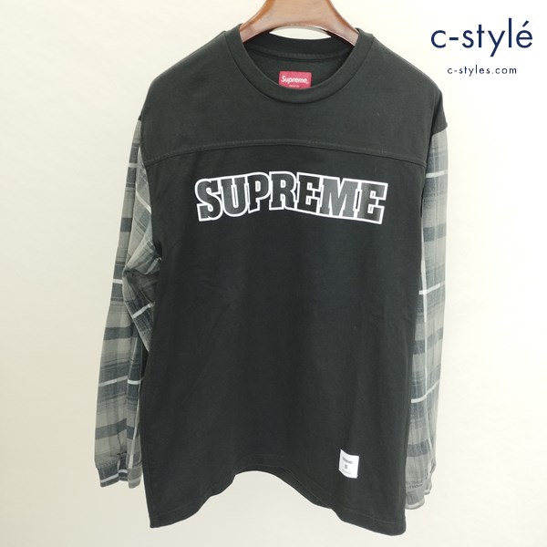 Supreme Plaid Sleeve L/S Top S ブラック 長袖Ｔシャツ チェック切替 ロゴTシャツ プリントTシャツ