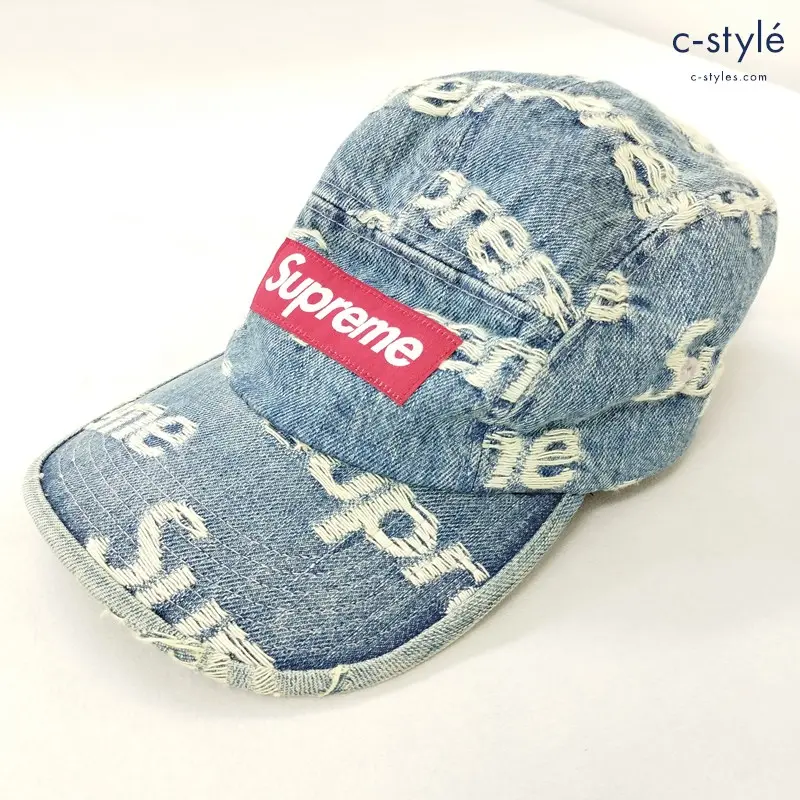 Supreme シュプリーム Frayed Logos Denim Camp Cap キャップ フリー インディゴ ロゴ 総柄 帽子