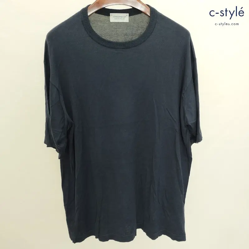 JOHN SMEDLEY ジョンスメドレー 半袖ニット L ネイビー 綿100 イギリス製