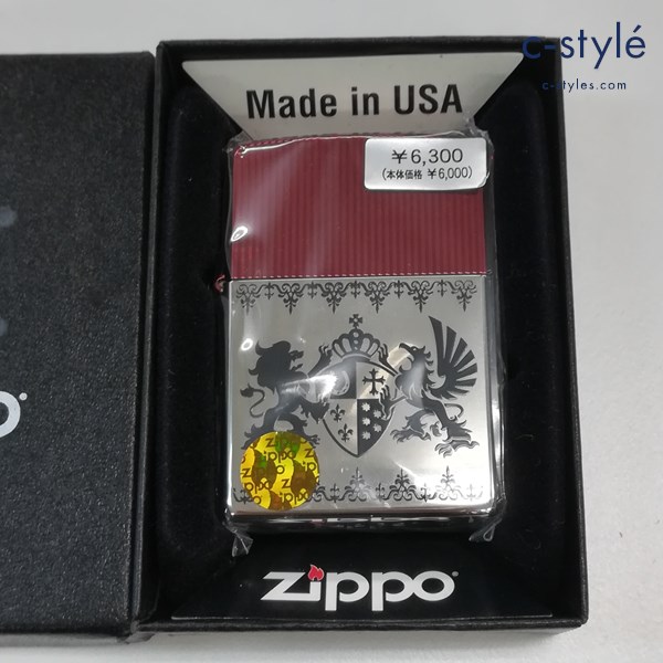 ZIPPO ジッポー ライオン 盾 エンブレム オイルライター シルバー×レッド 喫煙具