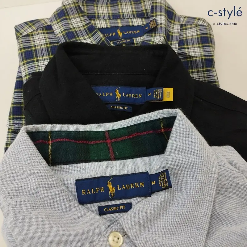 POLO RALPH LAUREN ポロラルフローレン シャツ M チェック柄 長袖 ポニー刺繍 無地 CLASSIC FIT 計3点