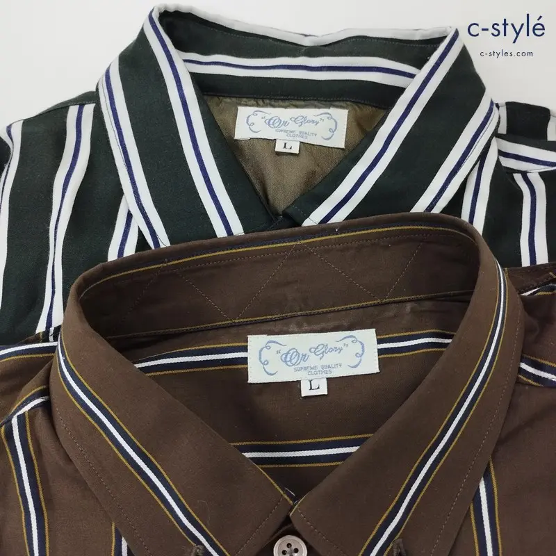 Or Glory オアグローリー シャツ L ブラウン系 グリーン系 長袖 ストライプ 計2点
