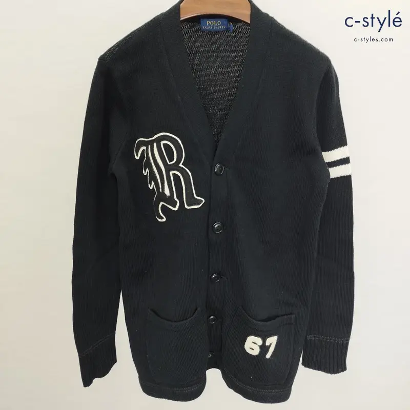 POLO RALPH LAUREN ポロラルフローレン カーディガン XS ブラック 綿100％ ワッペン ボタン