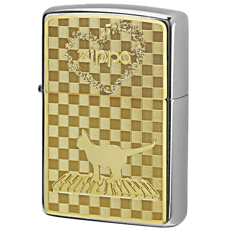 ZIPPO(ジッポー) GOLD ゴールド真鍮板メタル ネコと音符
