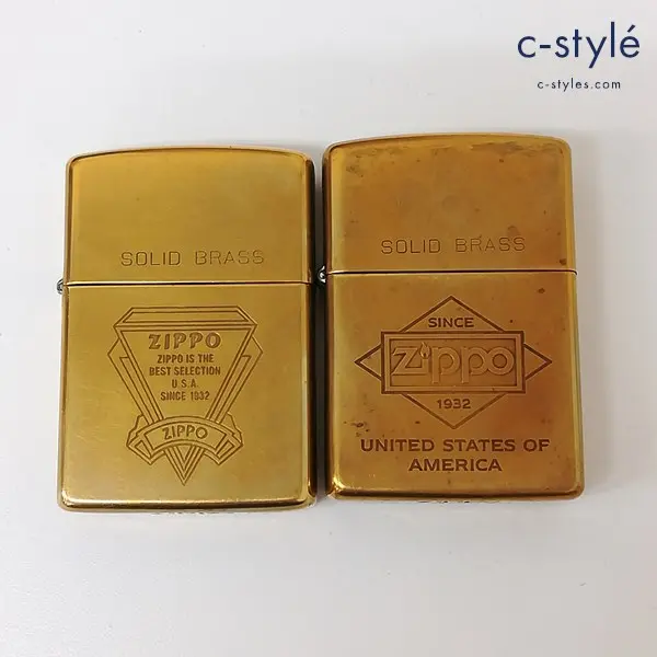 ZIPPO ジッポー オイルライター SOLID BRASS 1993年製 ひし形 三角 ロゴ ゴールド 喫煙具 計2点