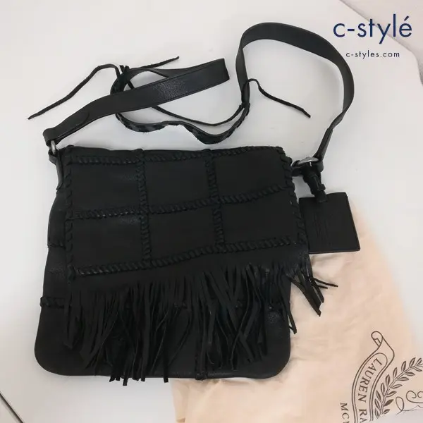 RALPH LAUREN ラルフローレン レザーフリンジショルダーバッグ ブラック ラムレザー ロゴ入りプレート