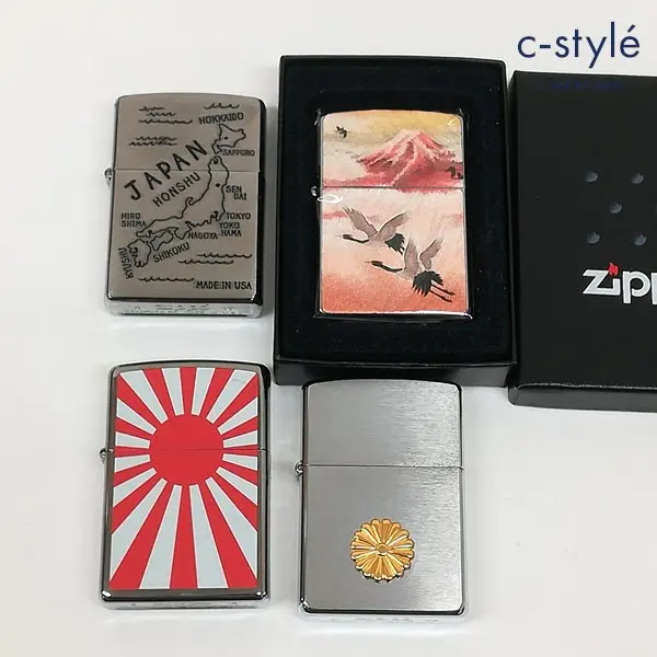 ZIPPO ジッポー オイルライター 日本地図 夫婦鶴 旭日旗 菊 喫煙具 計4点