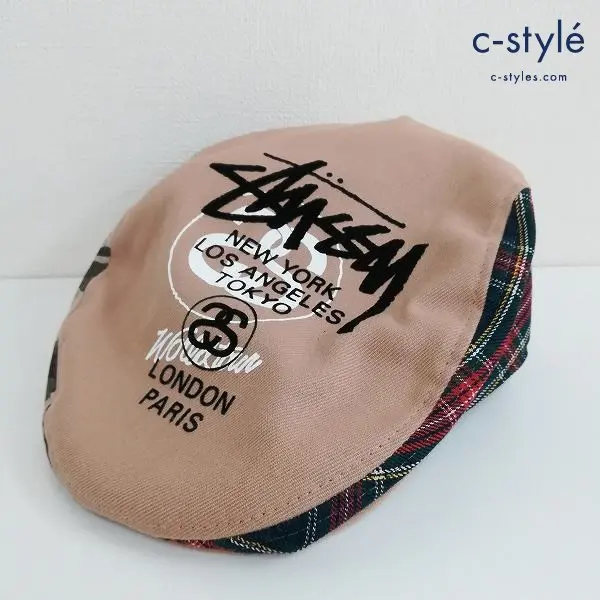 Stussy ステューシー ハンチング帽 S/M ベージュ系 キャップ チェック柄 カモフラ柄 ロゴ