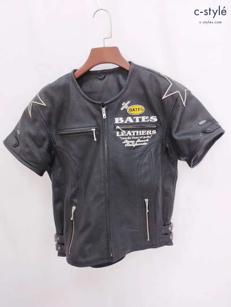 BATES ベイツ パンチングレザーライダースジャケット XL ブラック 半袖 ジップアップ バイクウェア