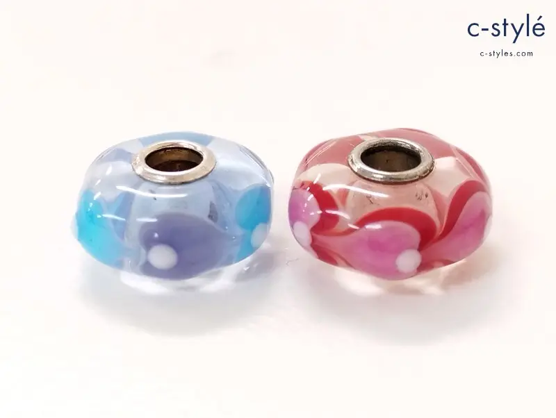 TROLLBEADS トロールビーズ ガラスビーズ ブルー系 ピンク系 柄 アクセサリー 計2点