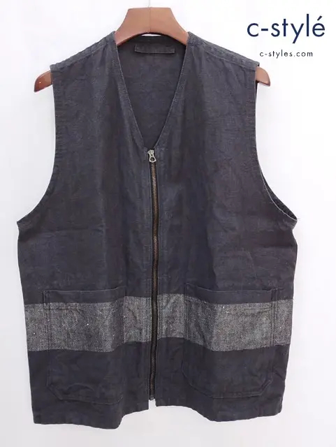 NIGEL CABOURN ベストジャケット 52 ブラック×グレー BEAN SACK BORDER VEST ジップアップ 8046-00-70005